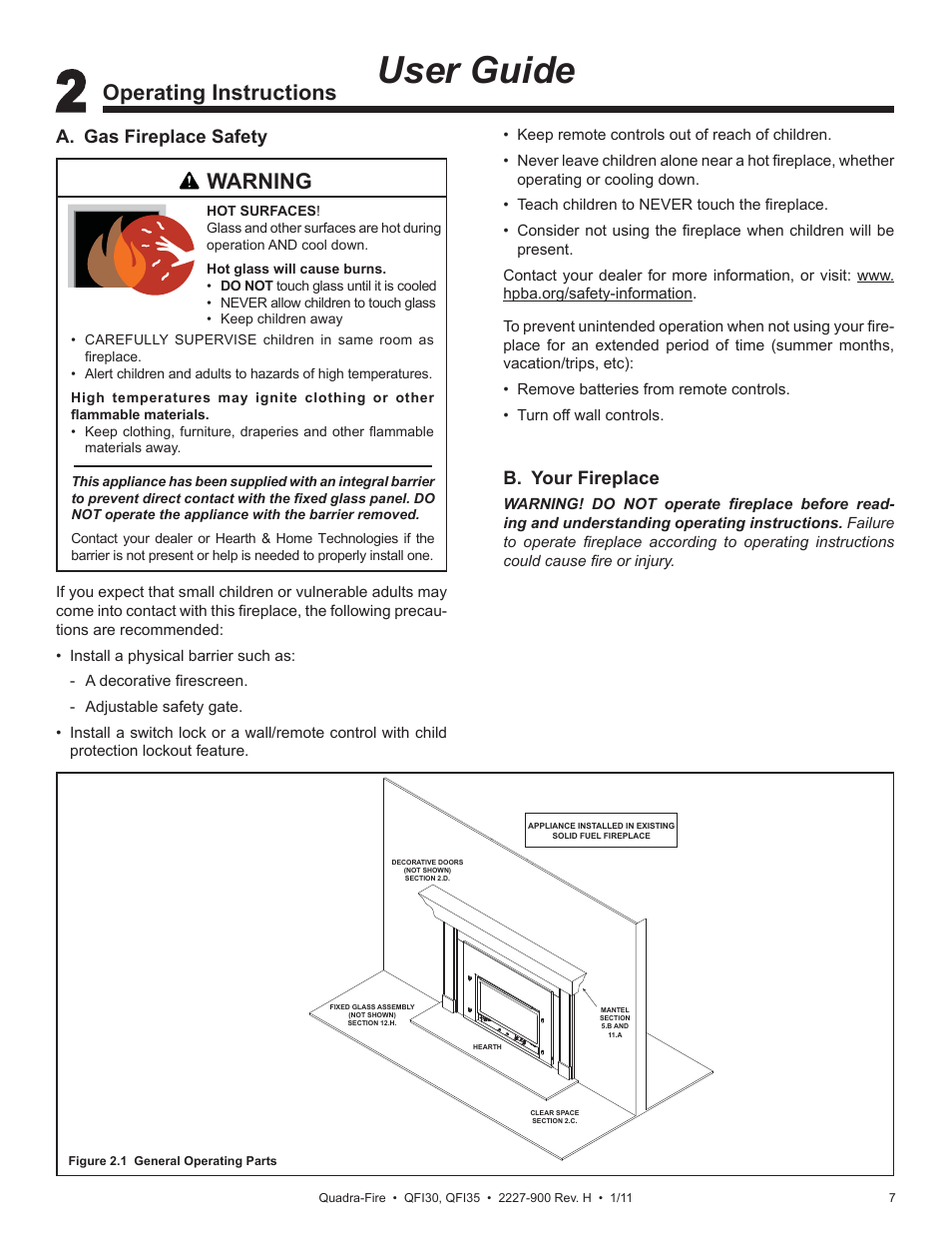 User guide, Operating instructions, Warning | B. your fireplace, A. gas fireplace safety | Quadra-Fire QF130 User Manual | Page 7 / 41