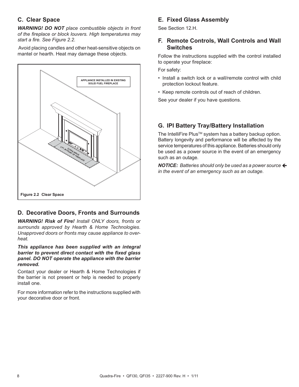 C. clear space, E. fixed glass assembly, D. decorative doors, fronts and surrounds | G. ipi battery tray/battery installation | Quadra-Fire QF130 User Manual | Page 8 / 41