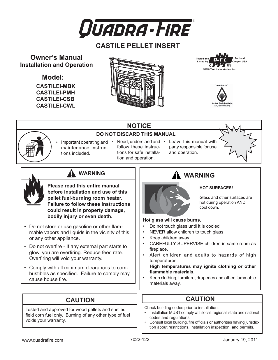 Quadra-Fire Castile Pellet Insert CASTILEI-MBK User Manual | 56 pages