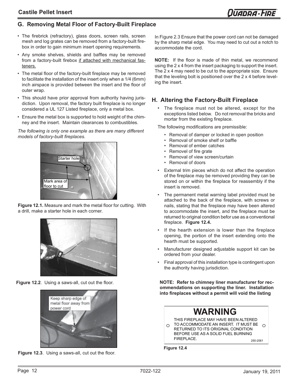 Warning, Castile pellet insert, G. removing metal floor of factory-built fireplace | H. altering the factory-built fireplace | Quadra-Fire Castile Pellet Insert CASTILEI-MBK User Manual | Page 12 / 56