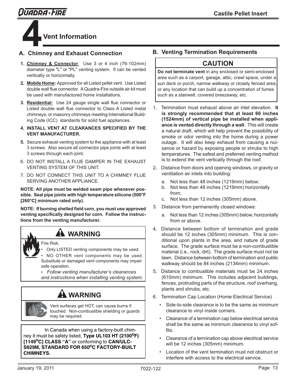 Caution, Warning, Vent information | Quadra-Fire Castile Pellet Insert CASTILEI-MBK User Manual | Page 13 / 56