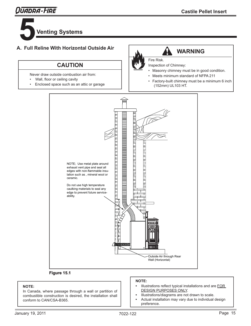 Venting systems, Caution, Warning | Quadra-Fire Castile Pellet Insert CASTILEI-MBK User Manual | Page 15 / 56