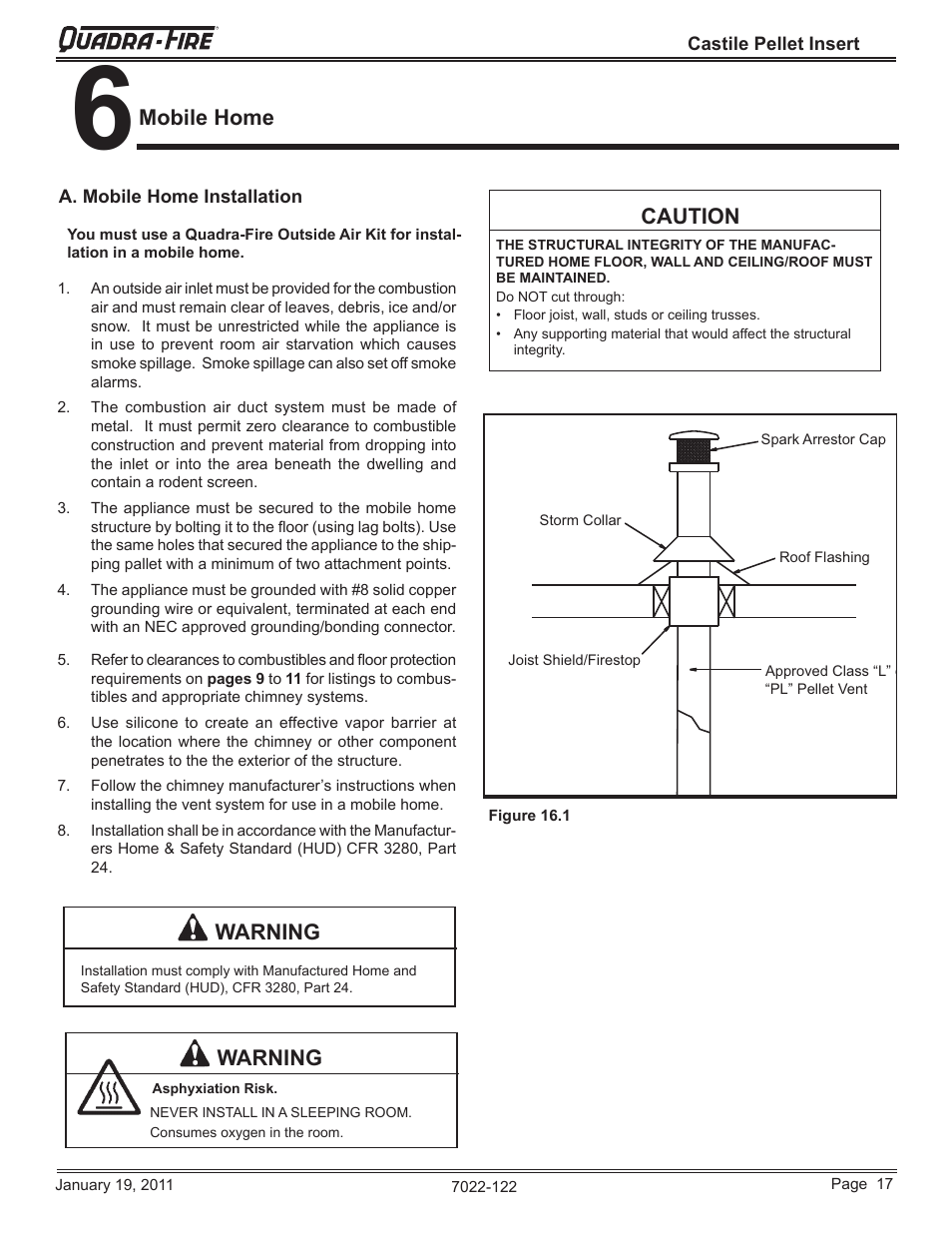 Mobile home, Warning, Caution | Quadra-Fire Castile Pellet Insert CASTILEI-MBK User Manual | Page 17 / 56