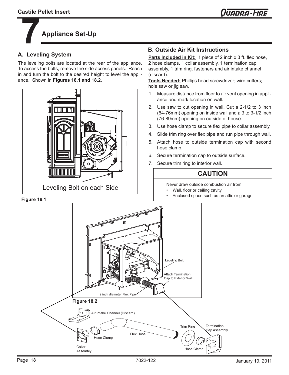Appliance set-up, Caution, Leveling bolt on each side | Quadra-Fire Castile Pellet Insert CASTILEI-MBK User Manual | Page 18 / 56