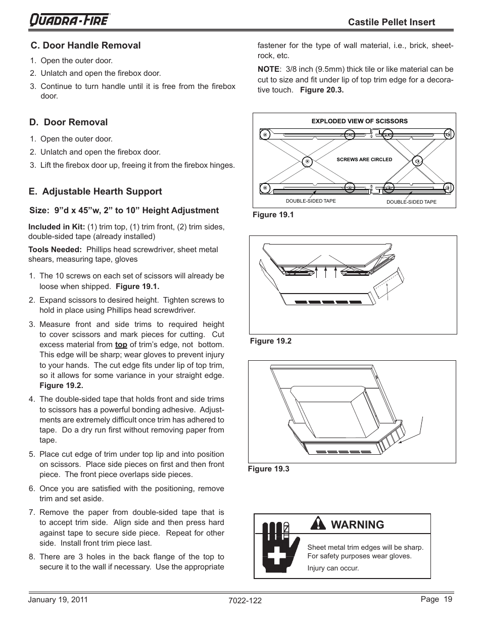 Warning, Castile pellet insert c. door handle removal, D. door removal | E. adjustable hearth support | Quadra-Fire Castile Pellet Insert CASTILEI-MBK User Manual | Page 19 / 56