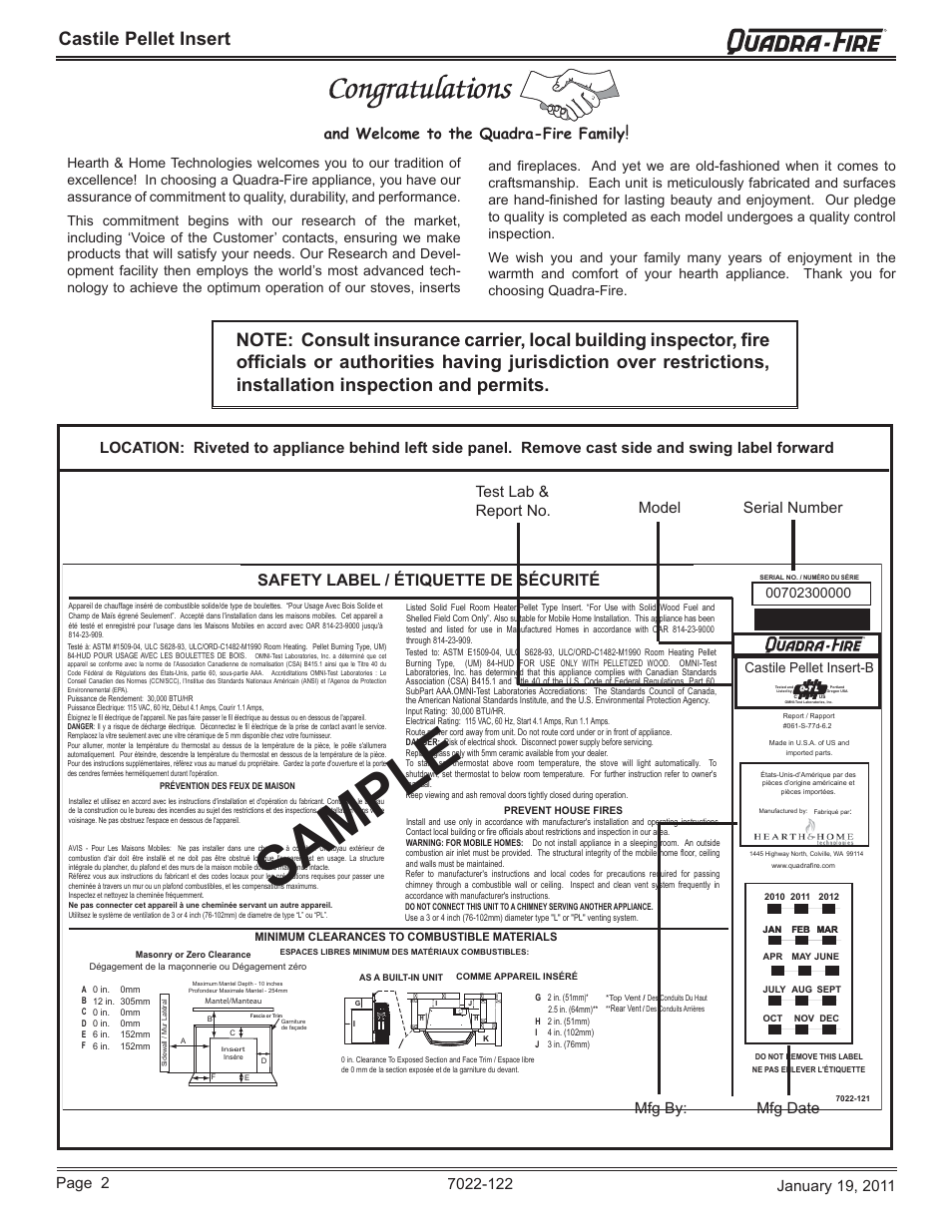 Sample, Castile pellet insert, Safety label / étiquette de sécurité | And welcome to the quadra-fire family, Rcastile pellet insert-b | Quadra-Fire Castile Pellet Insert CASTILEI-MBK User Manual | Page 2 / 56