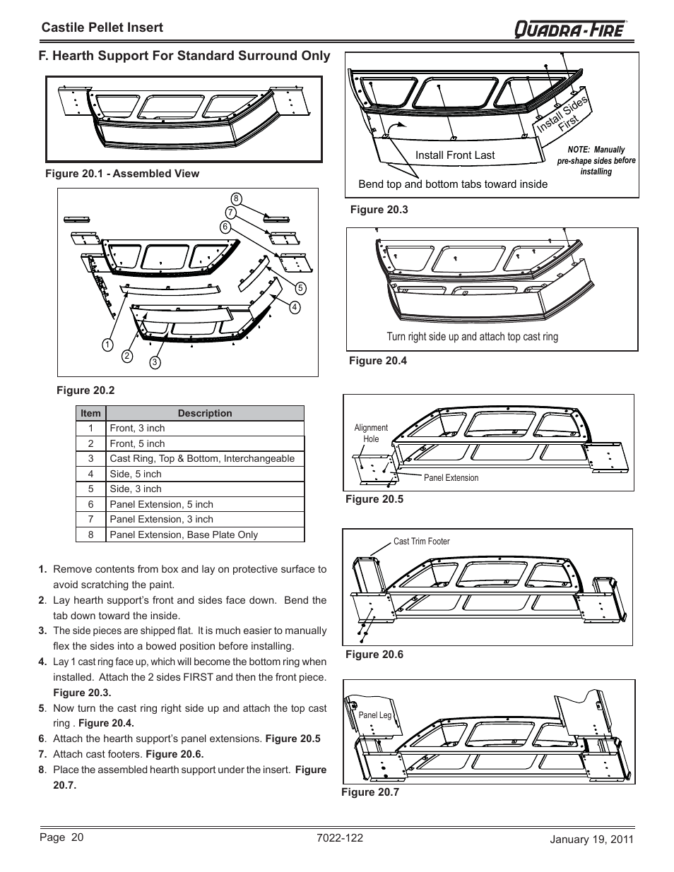 Castile pellet insert, F. hearth support for standard surround only | Quadra-Fire Castile Pellet Insert CASTILEI-MBK User Manual | Page 20 / 56