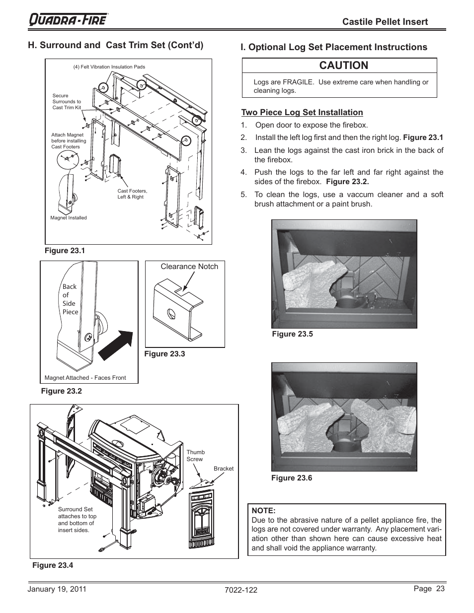 Caution, Castile pellet insert, I. optional log set placement instructions | H. surround and cast trim set (cont’d), Two piece log set installation | Quadra-Fire Castile Pellet Insert CASTILEI-MBK User Manual | Page 23 / 56