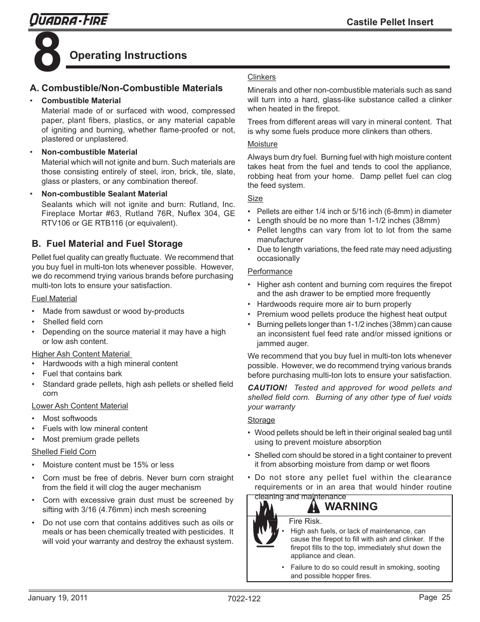 Operating instructions warning | Quadra-Fire Castile Pellet Insert CASTILEI-MBK User Manual | Page 25 / 56