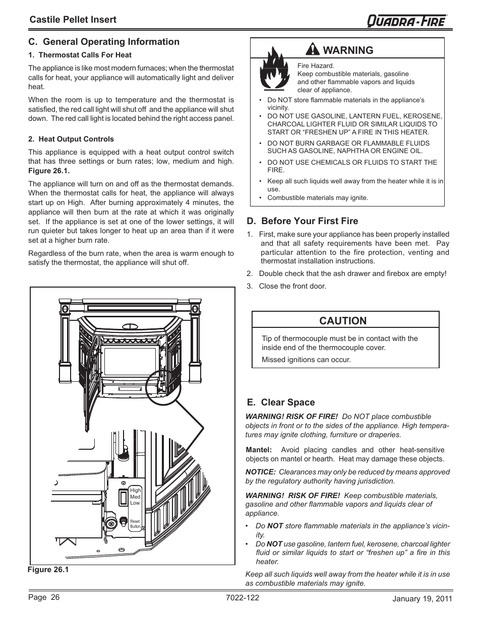 Warning, Caution, D. before your first fire | E. clear space | Quadra-Fire Castile Pellet Insert CASTILEI-MBK User Manual | Page 26 / 56