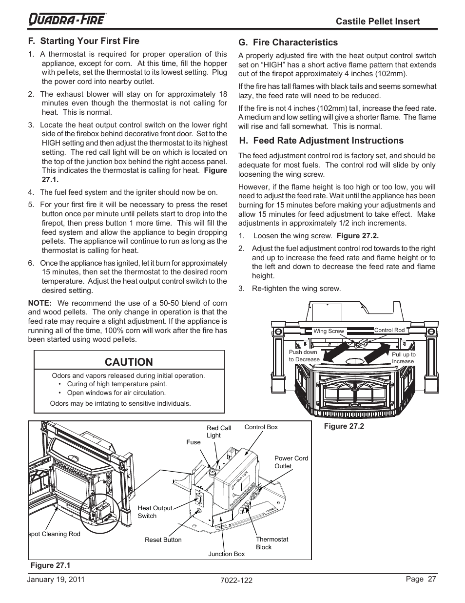 Caution, Castile pellet insert g. fire characteristics | Quadra-Fire Castile Pellet Insert CASTILEI-MBK User Manual | Page 27 / 56