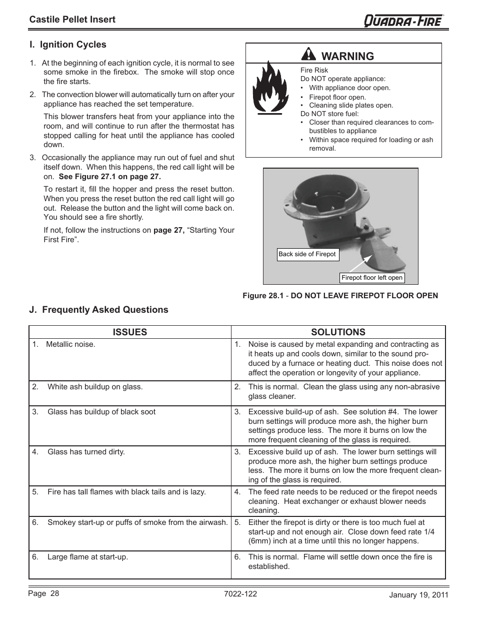 Warning | Quadra-Fire Castile Pellet Insert CASTILEI-MBK User Manual | Page 28 / 56