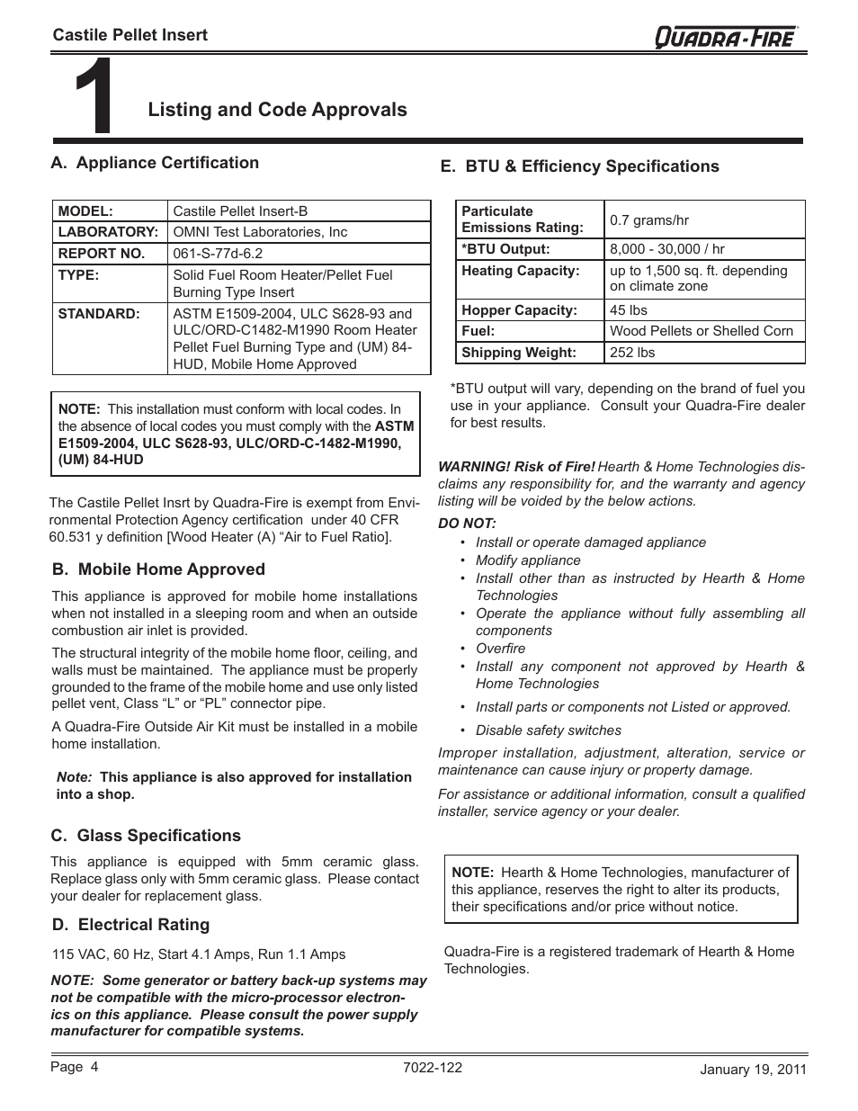 Listing and code approvals | Quadra-Fire Castile Pellet Insert CASTILEI-MBK User Manual | Page 4 / 56