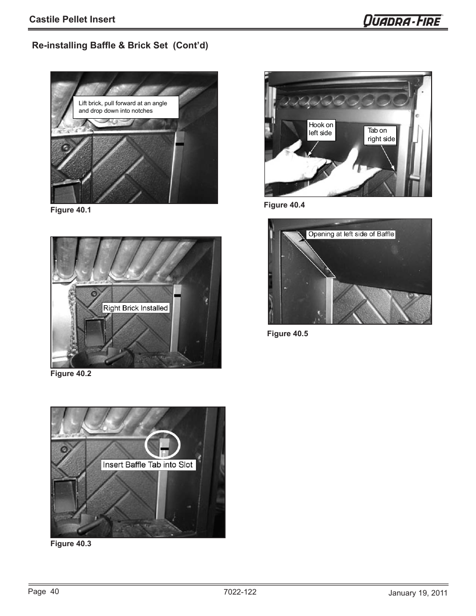 Castile pellet insert, Re-installing bafﬂ e & brick set (cont’d) | Quadra-Fire Castile Pellet Insert CASTILEI-MBK User Manual | Page 40 / 56