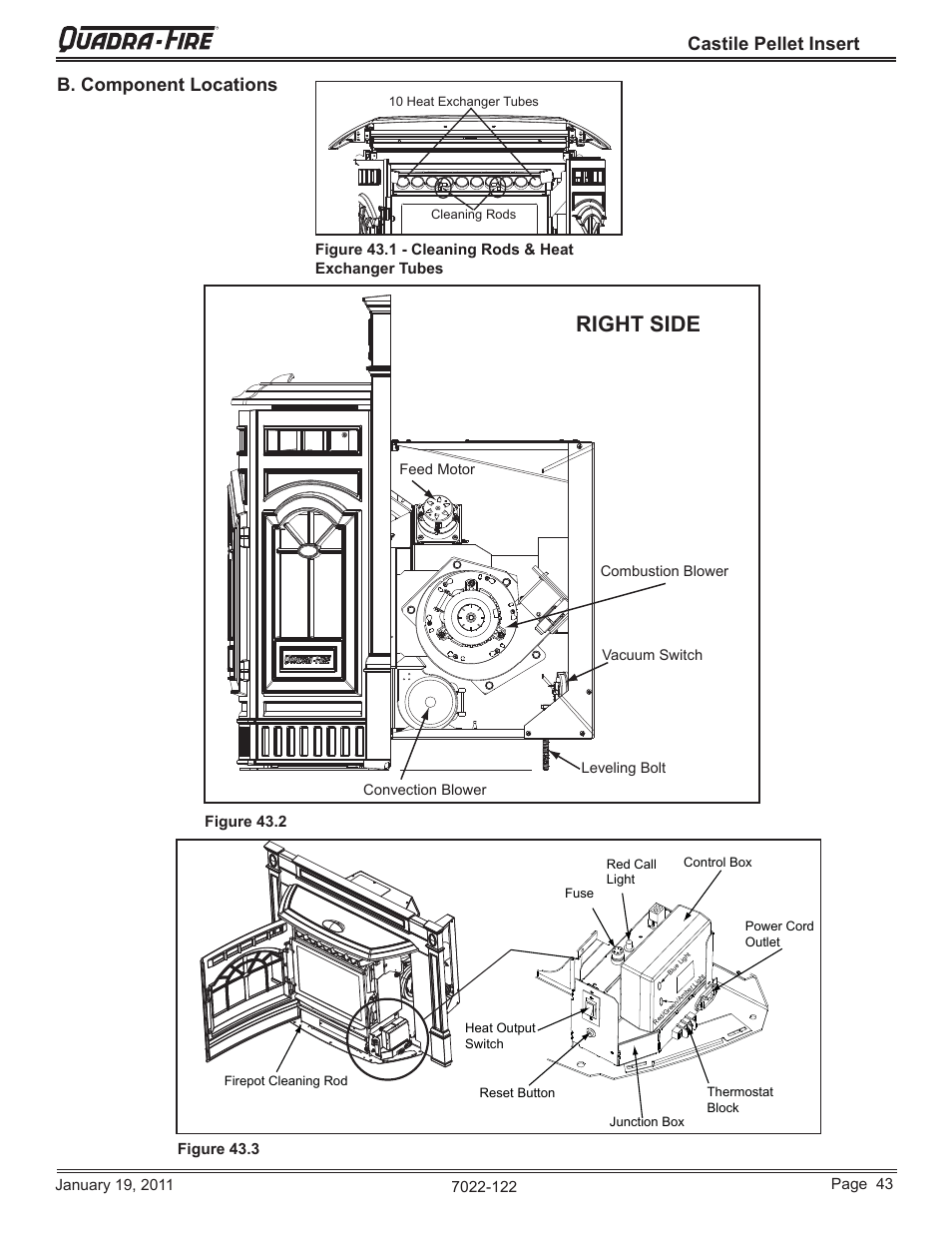 Right side, Castile pellet insert b. component locations | Quadra-Fire Castile Pellet Insert CASTILEI-MBK User Manual | Page 43 / 56