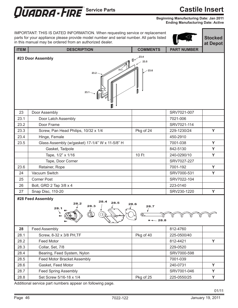 Castile insert, Service parts, Stocked at depot | Quadra-Fire Castile Pellet Insert CASTILEI-MBK User Manual | Page 46 / 56