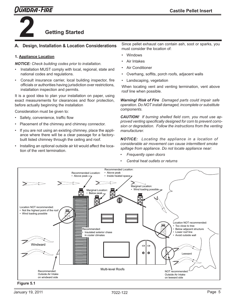 Getting started, Castile pellet insert, A. design, installation & location considerations | Quadra-Fire Castile Pellet Insert CASTILEI-MBK User Manual | Page 5 / 56