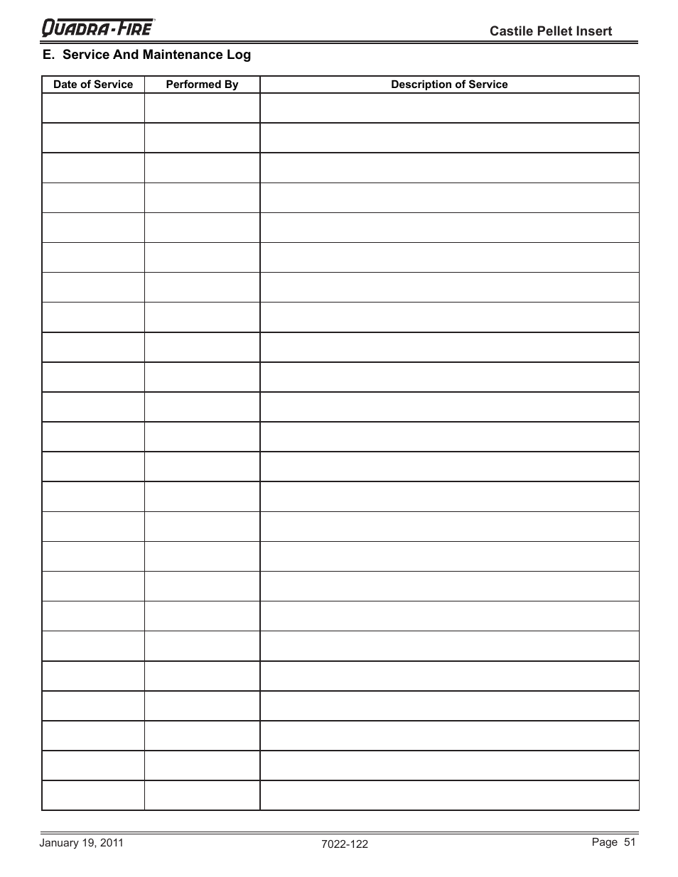 Castile pellet insert, E. service and maintenance log | Quadra-Fire Castile Pellet Insert CASTILEI-MBK User Manual | Page 51 / 56