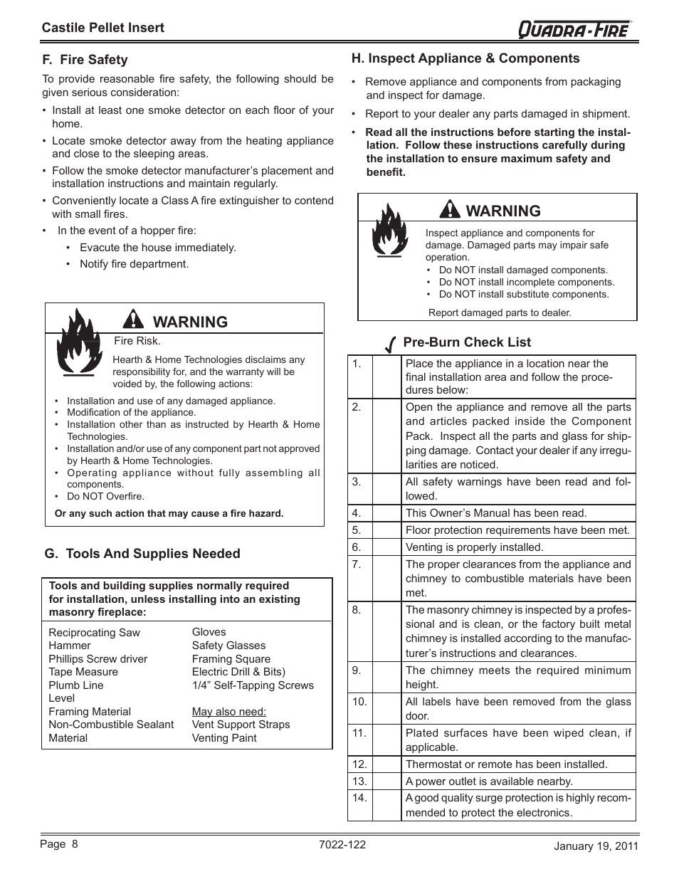 Warning | Quadra-Fire Castile Pellet Insert CASTILEI-MBK User Manual | Page 8 / 56