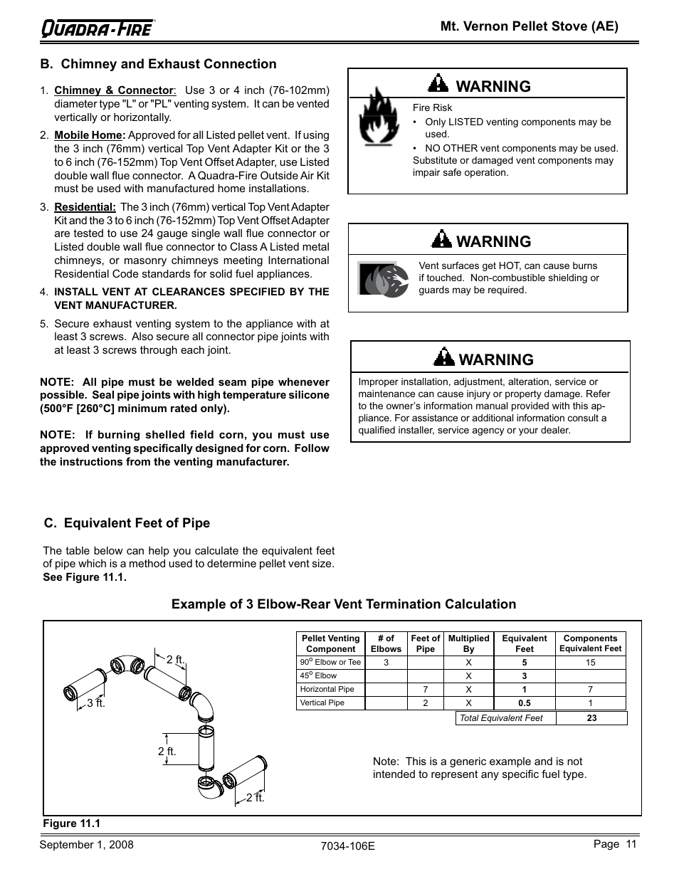 Warning, Mt. vernon pellet stove (ae), B. chimney and exhaust connection | C. equivalent feet of pipe | Quadra-Fire MTVERNON-AE-CWL User Manual | Page 11 / 52