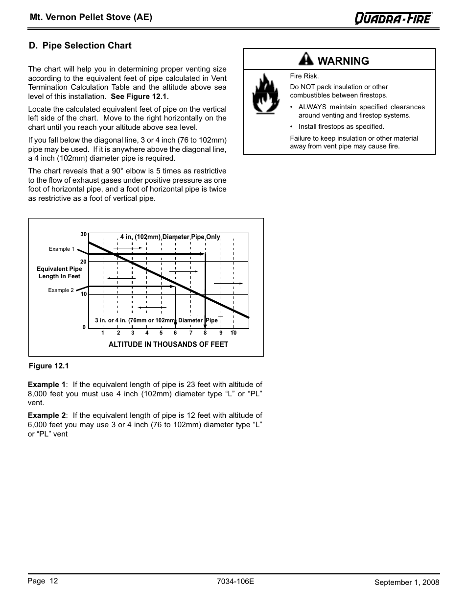 Warning, Mt. vernon pellet stove (ae), D. pipe selection chart | Quadra-Fire MTVERNON-AE-CWL User Manual | Page 12 / 52
