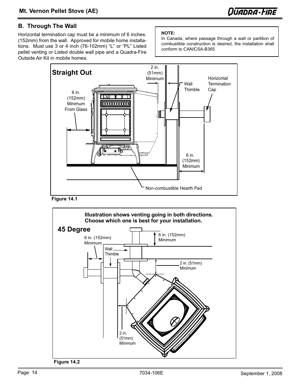 Straight out, 45 degree, Mt. vernon pellet stove (ae) | B. through the wall | Quadra-Fire MTVERNON-AE-CWL User Manual | Page 14 / 52