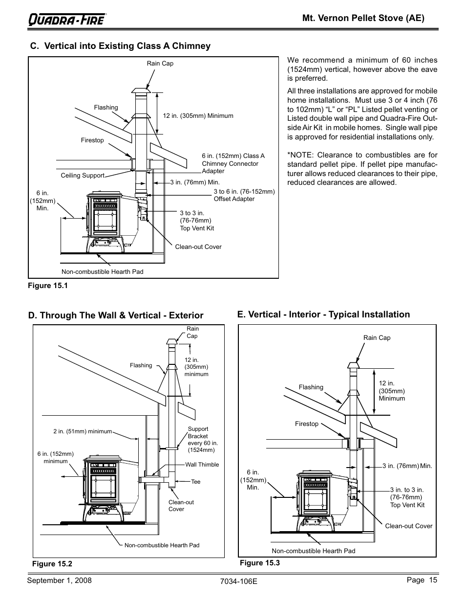 Mt. vernon pellet stove (ae), E. vertical - interior - typical installation | Quadra-Fire MTVERNON-AE-CWL User Manual | Page 15 / 52