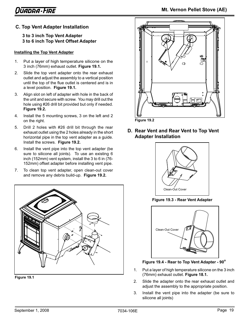 Mt. vernon pellet stove (ae), C. top vent adapter installation | Quadra-Fire MTVERNON-AE-CWL User Manual | Page 19 / 52