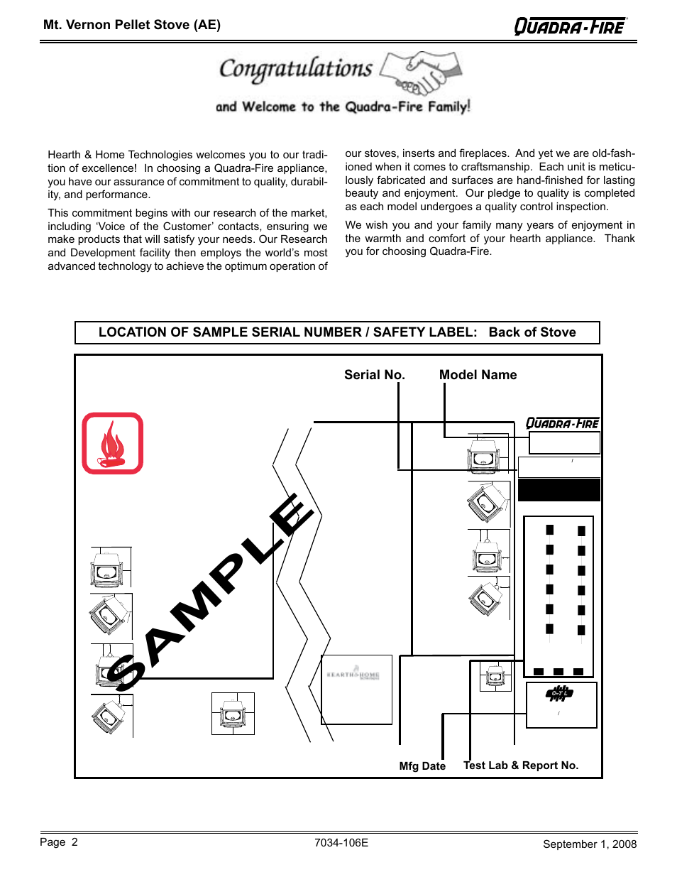 Sample, Caution, Attention | Mt. vernon pellet stove (ae), Model name serial no, Test lab & report no. mfg date | Quadra-Fire MTVERNON-AE-CWL User Manual | Page 2 / 52