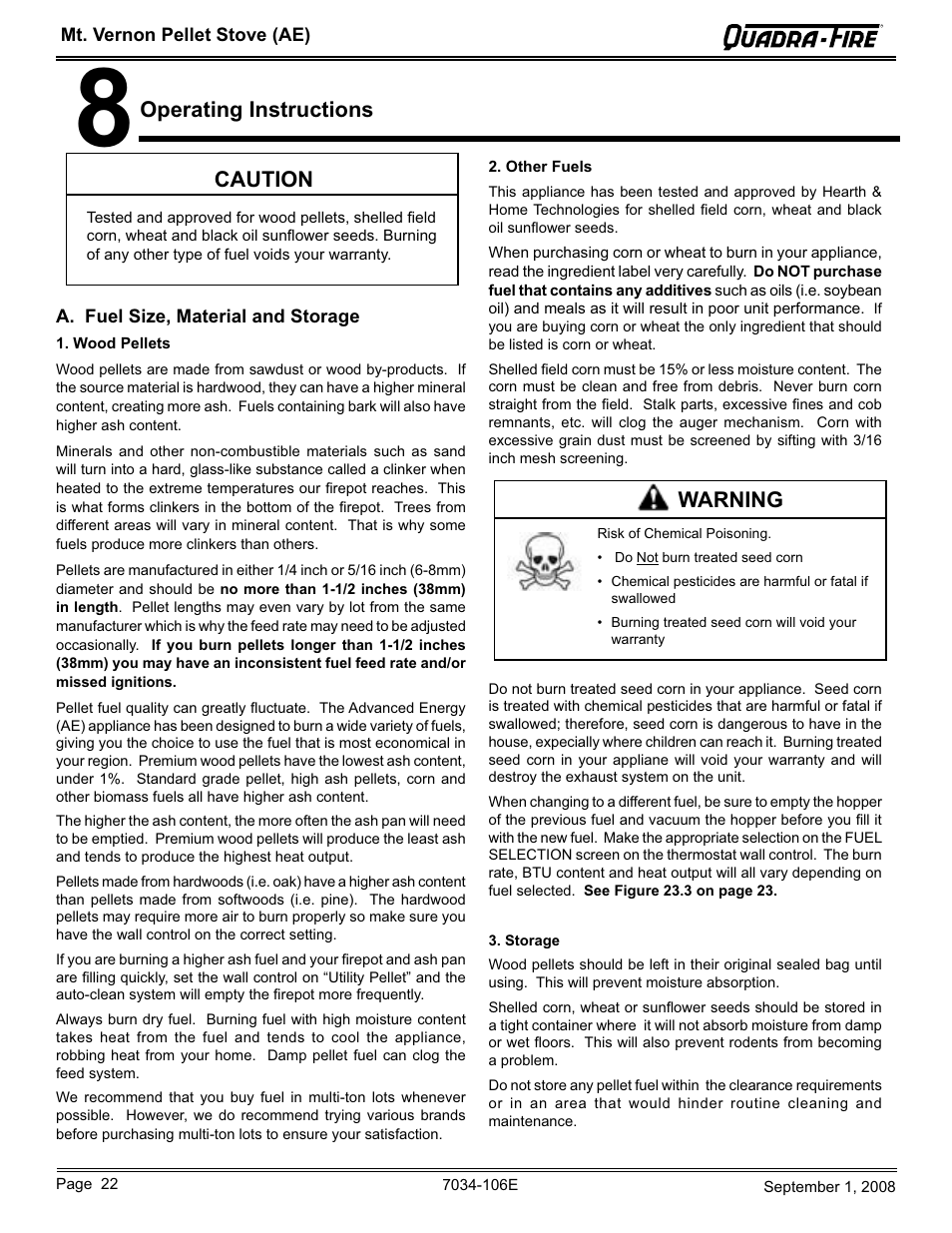Operating instructions, Caution, Warning | Quadra-Fire MTVERNON-AE-CWL User Manual | Page 22 / 52