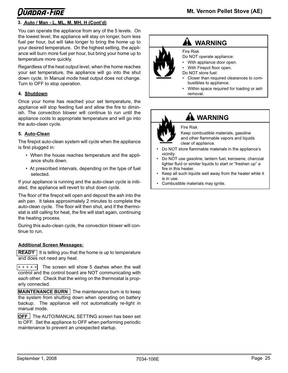 Warning | Quadra-Fire MTVERNON-AE-CWL User Manual | Page 25 / 52