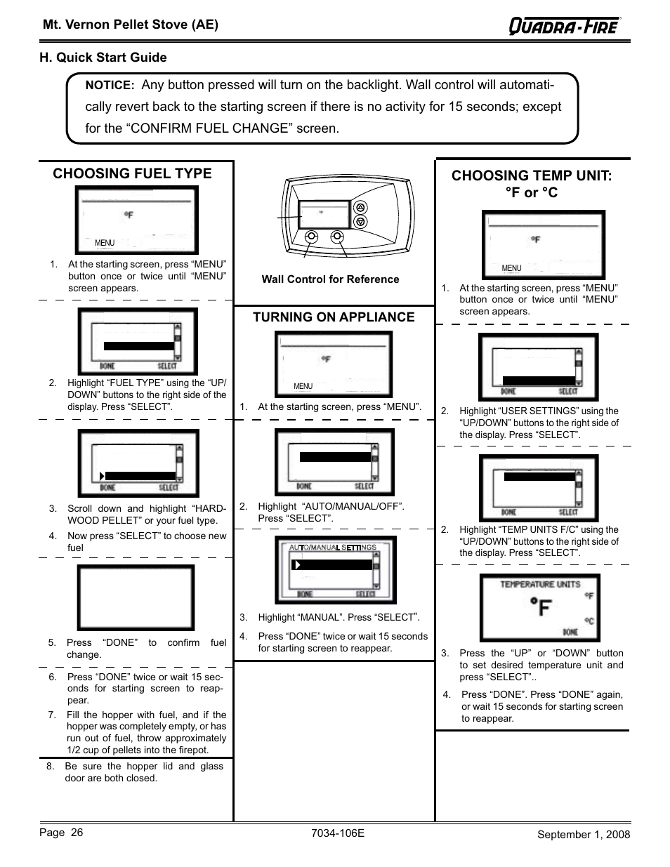 Choosing fuel type, Choosing temp unit: °f or °c, Mt. vernon pellet stove (ae) h. quick start guide | Turning on appliance, Notice | Quadra-Fire MTVERNON-AE-CWL User Manual | Page 26 / 52