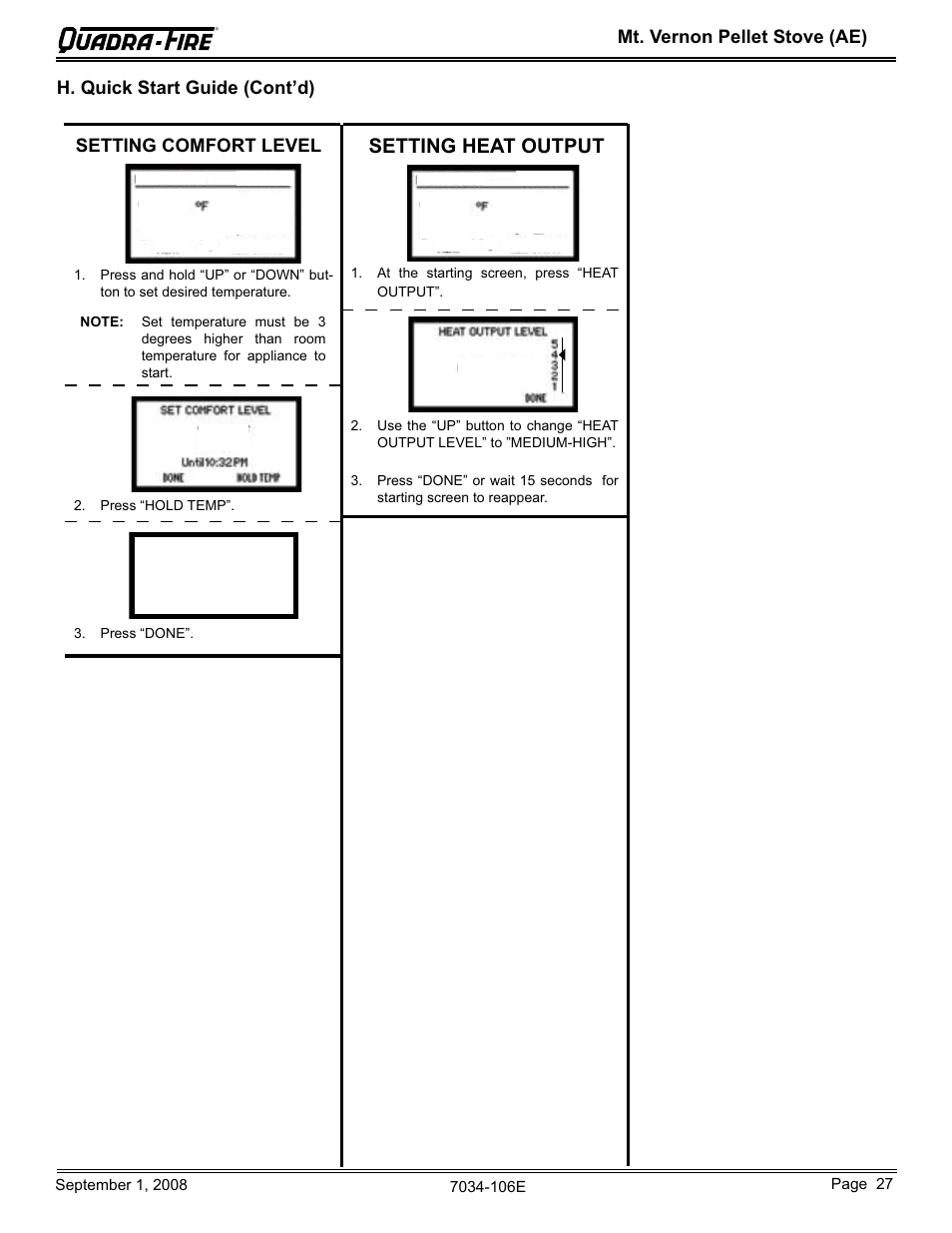 Setting heat output, Mt. vernon pellet stove (ae), Setting comfort level | H. quick start guide (cont’d) | Quadra-Fire MTVERNON-AE-CWL User Manual | Page 27 / 52
