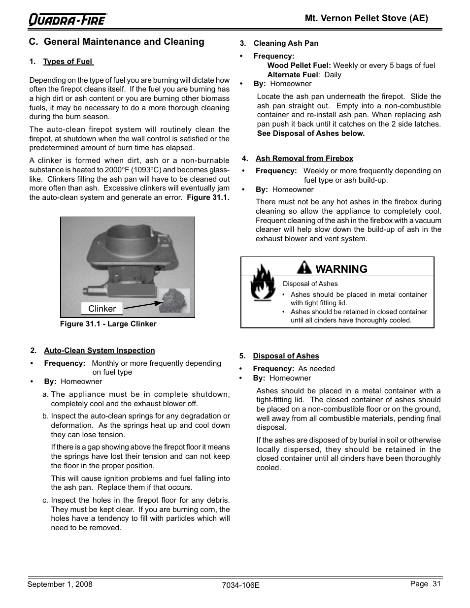 Warning, C. general maintenance and cleaning | Quadra-Fire MTVERNON-AE-CWL User Manual | Page 31 / 52