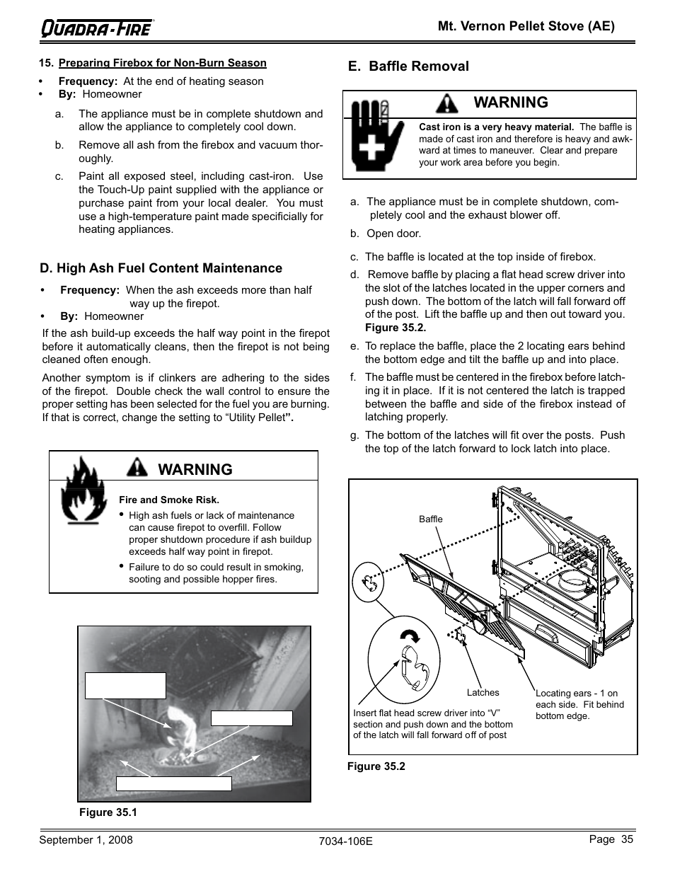 Warning, E. baffle removal | Quadra-Fire MTVERNON-AE-CWL User Manual | Page 35 / 52