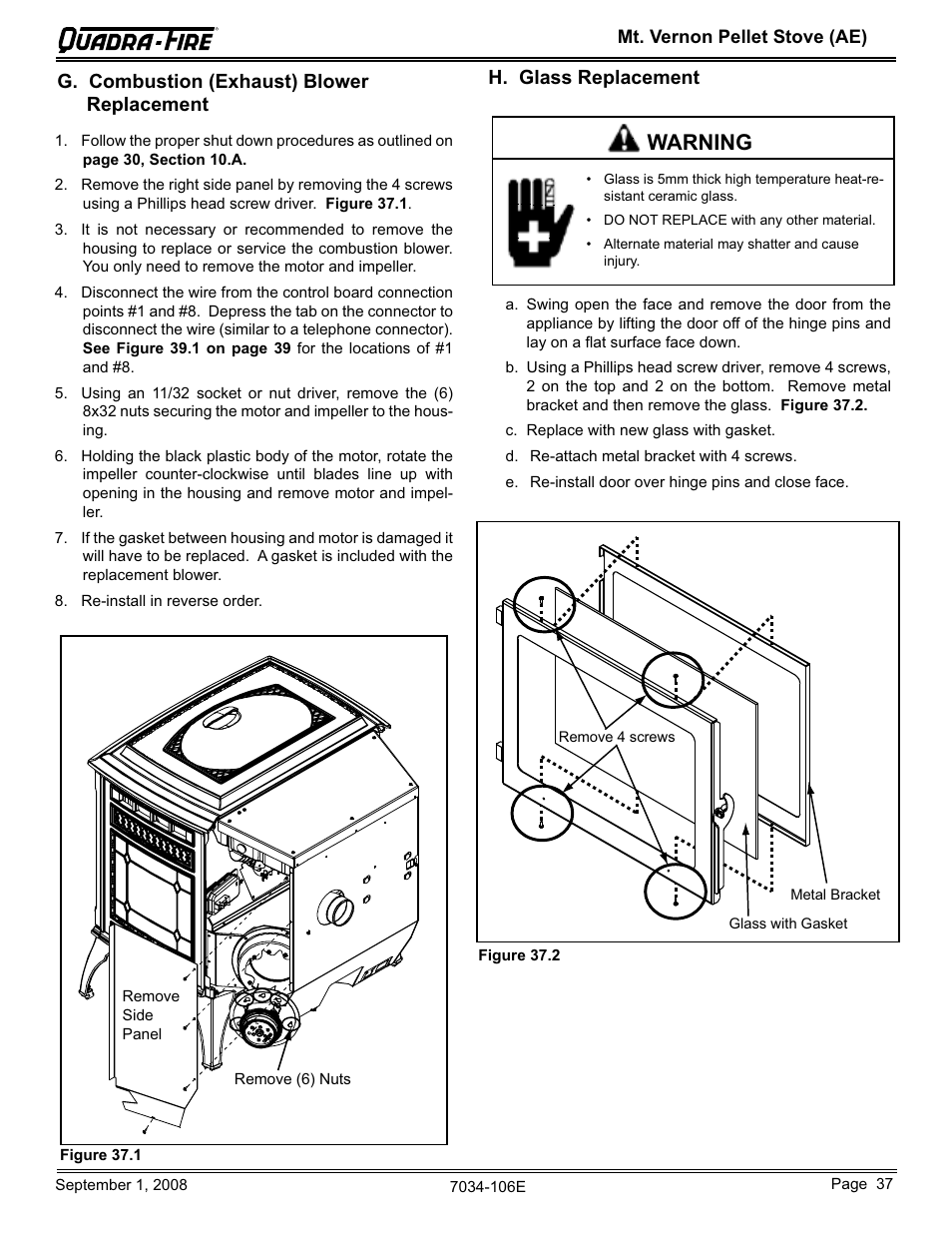 Warning, H. glass replacement, G. combustion (exhaust) blower replacement | Quadra-Fire MTVERNON-AE-CWL User Manual | Page 37 / 52