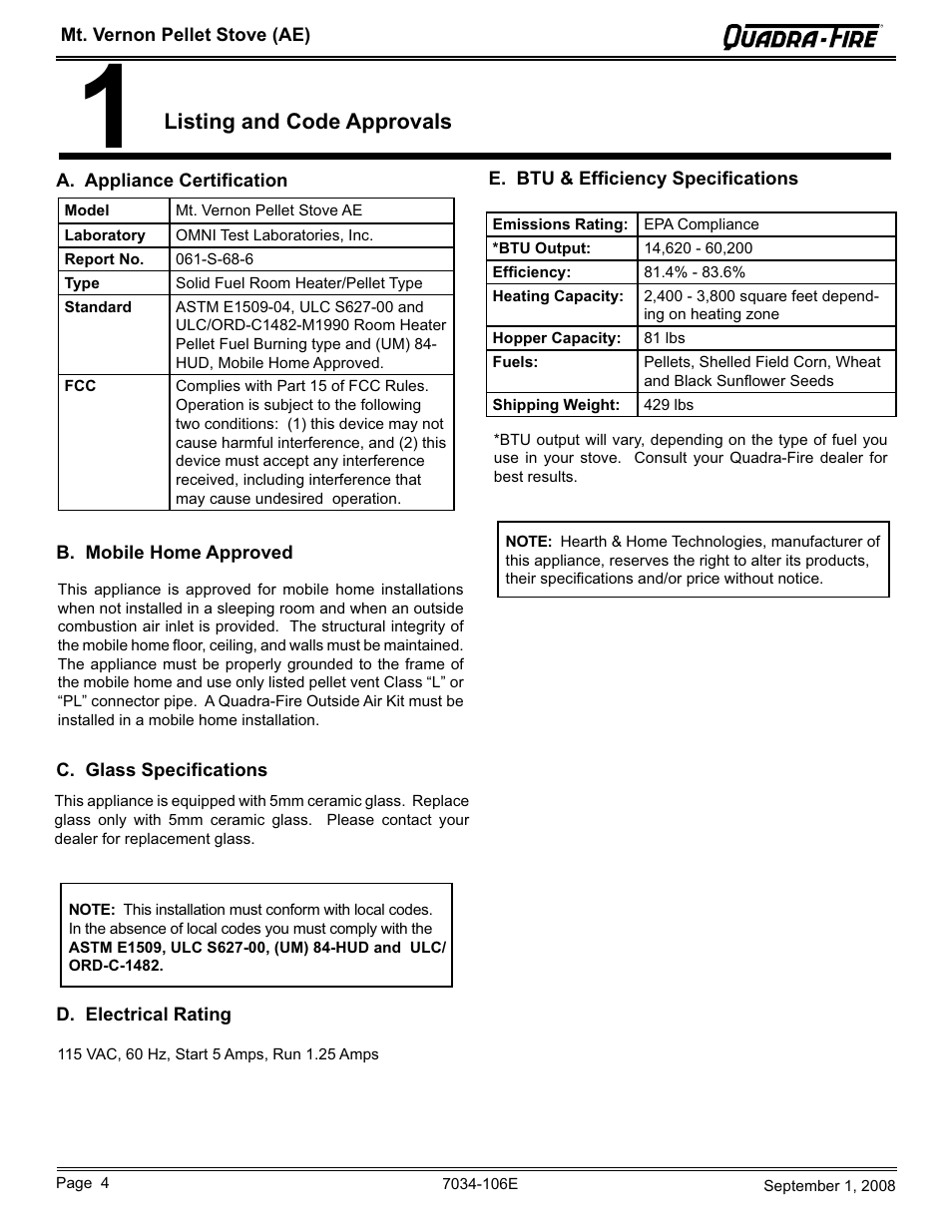 Listing and code approvals | Quadra-Fire MTVERNON-AE-CWL User Manual | Page 4 / 52