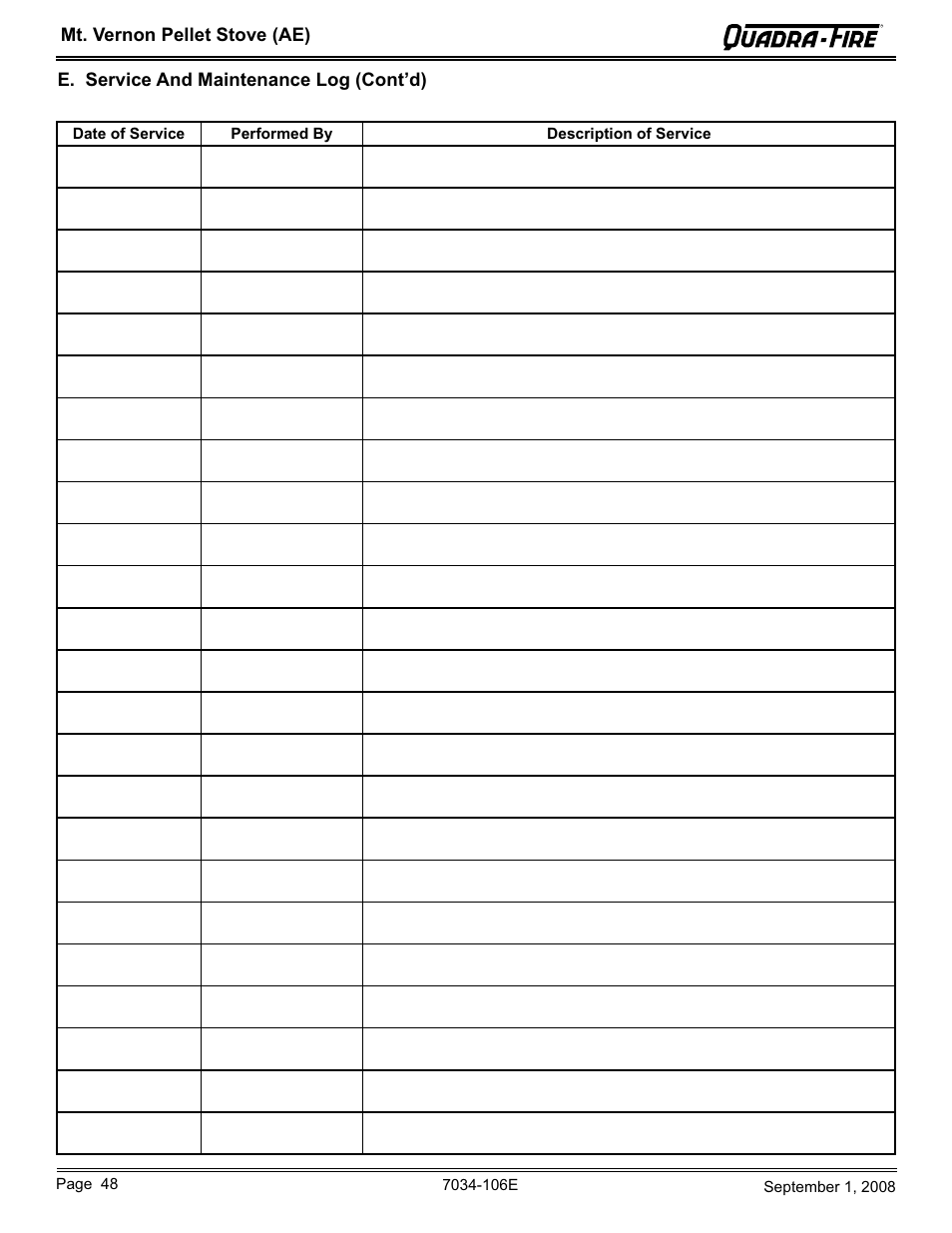 Mt. vernon pellet stove (ae), E. service and maintenance log (cont’d) | Quadra-Fire MTVERNON-AE-CWL User Manual | Page 48 / 52