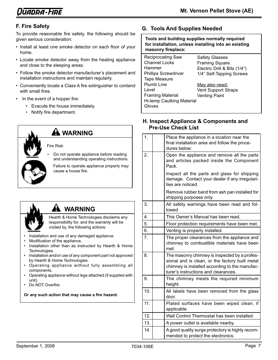 Warning | Quadra-Fire MTVERNON-AE-CWL User Manual | Page 7 / 52