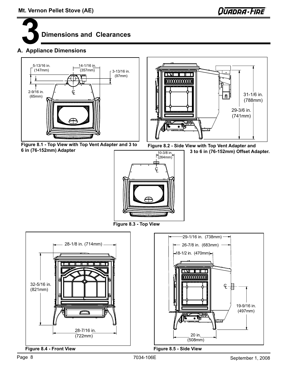 Dimensions and clearances | Quadra-Fire MTVERNON-AE-CWL User Manual | Page 8 / 52