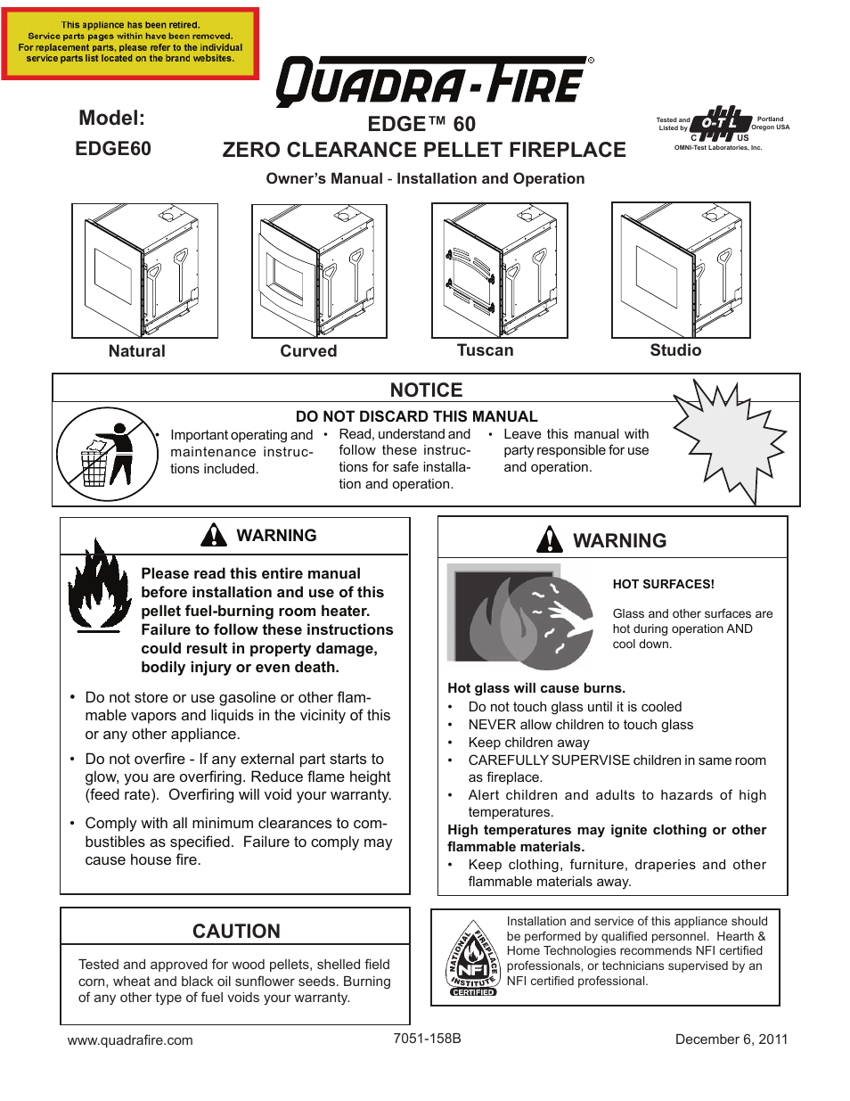 Quadra-Fire EDGE 60 ZERO CLEARANCE PELLET FIREPLACE 7051-158B User Manual | 58 pages
