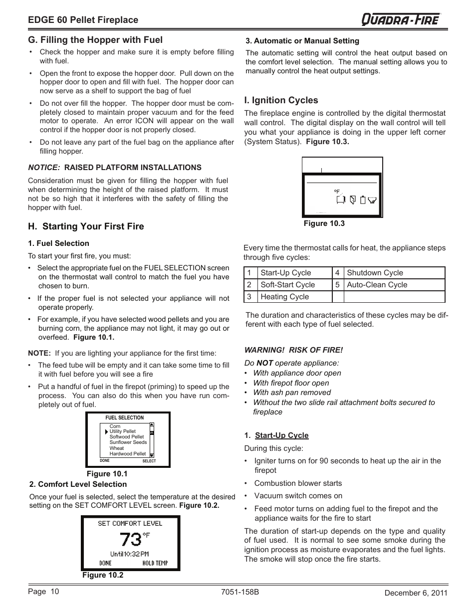 H. starting your first fire, I. ignition cycles | Quadra-Fire EDGE 60 ZERO CLEARANCE PELLET FIREPLACE 7051-158B User Manual | Page 10 / 58