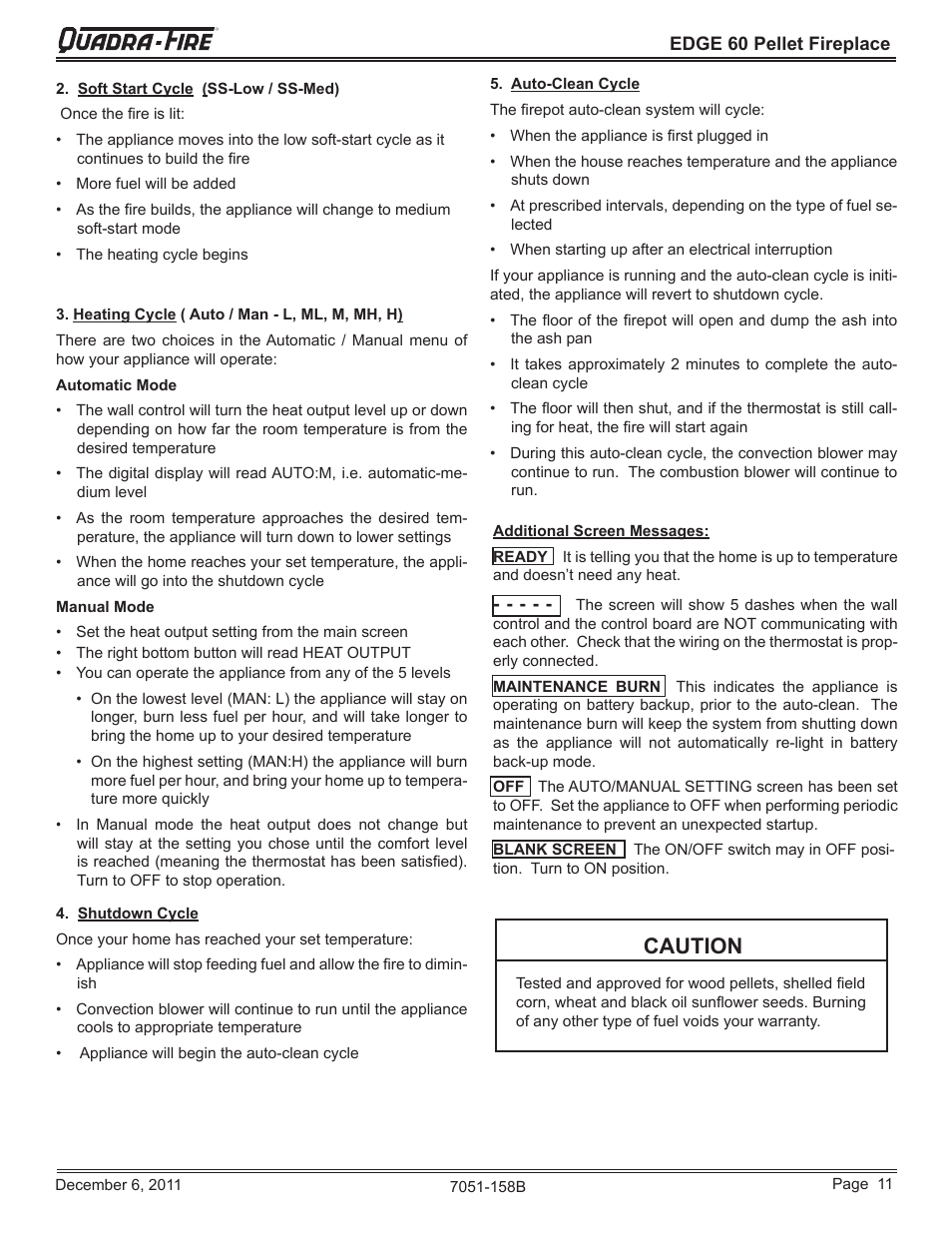 Caution | Quadra-Fire EDGE 60 ZERO CLEARANCE PELLET FIREPLACE 7051-158B User Manual | Page 11 / 58