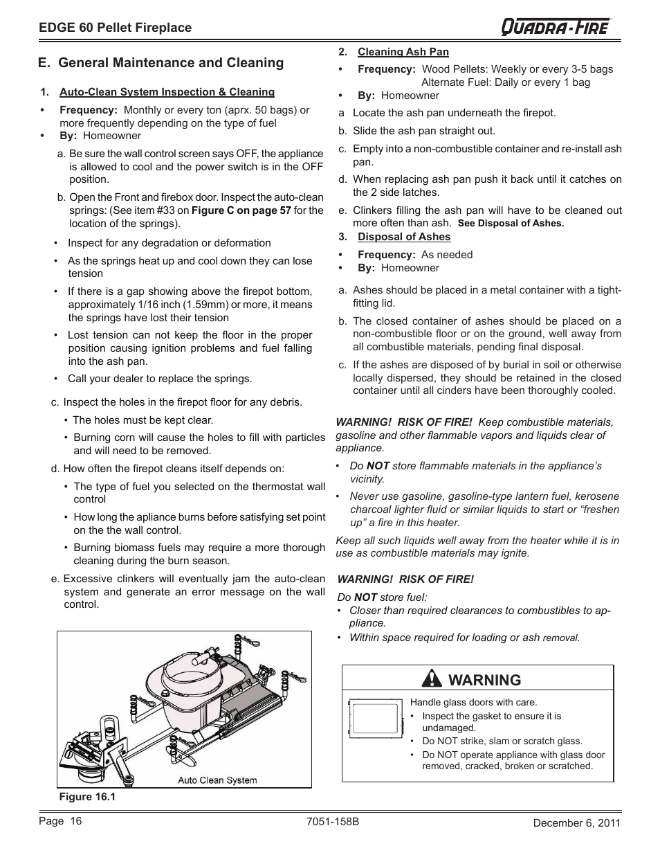 Warning, E. general maintenance and cleaning | Quadra-Fire EDGE 60 ZERO CLEARANCE PELLET FIREPLACE 7051-158B User Manual | Page 16 / 58