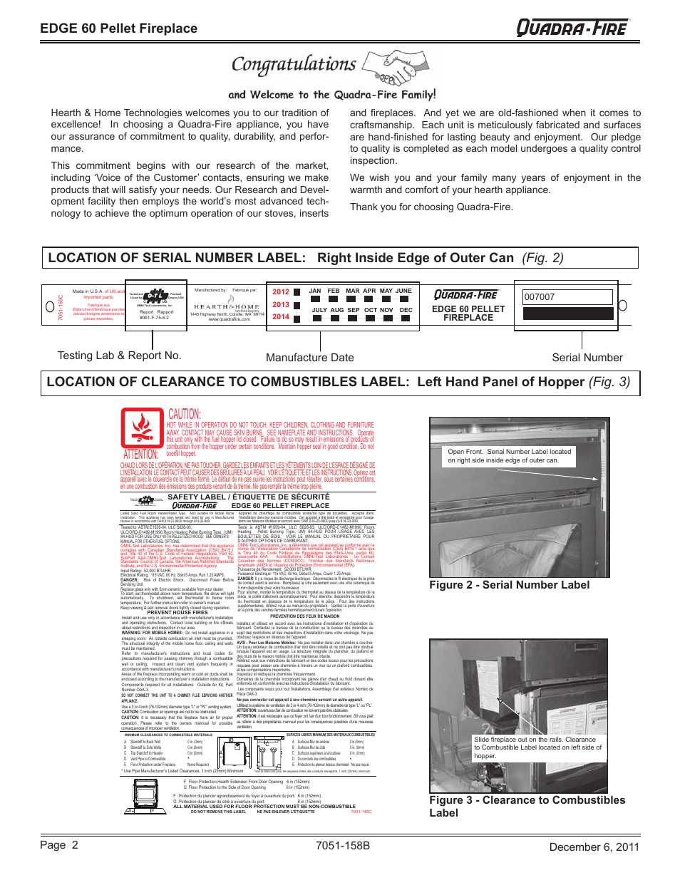 Caution, Attention, Edge 60 pellet fireplace | Quadra-Fire EDGE 60 ZERO CLEARANCE PELLET FIREPLACE 7051-158B User Manual | Page 2 / 58