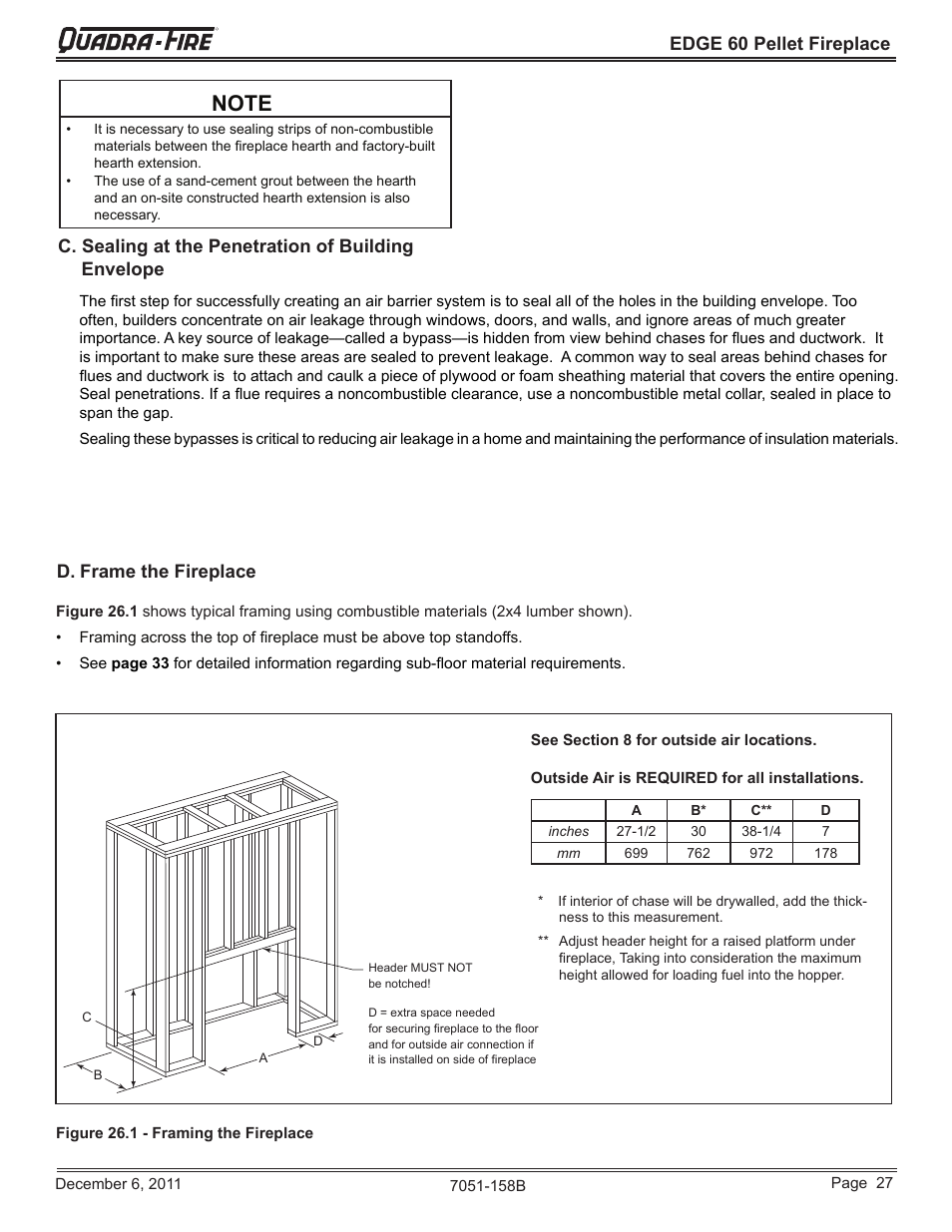 Edge 60 pellet fireplace, D. frame the fireplace, C. sealing at the penetration of building envelope | Quadra-Fire EDGE 60 ZERO CLEARANCE PELLET FIREPLACE 7051-158B User Manual | Page 27 / 58