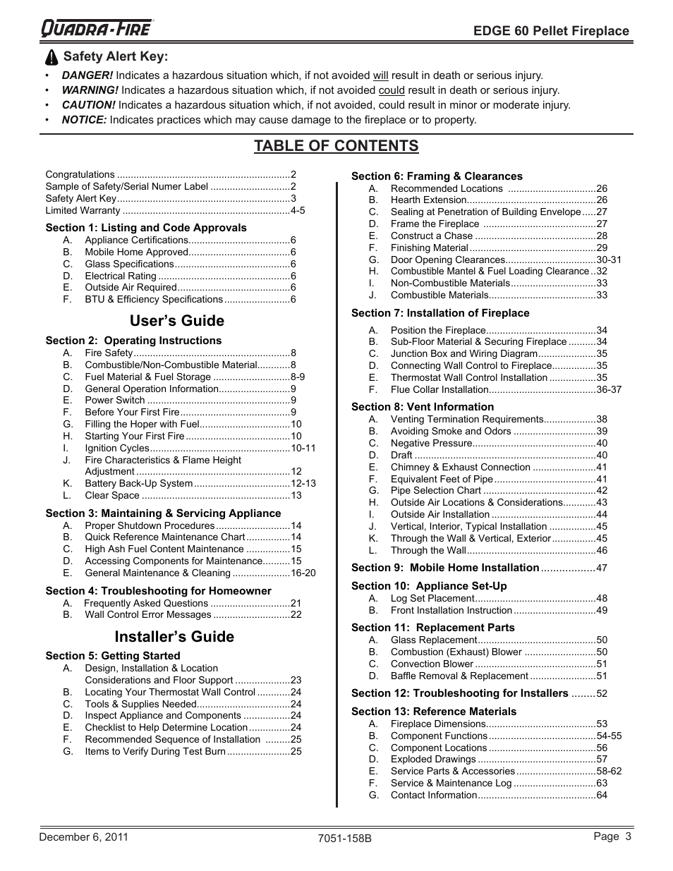 Quadra-Fire EDGE 60 ZERO CLEARANCE PELLET FIREPLACE 7051-158B User Manual | Page 3 / 58