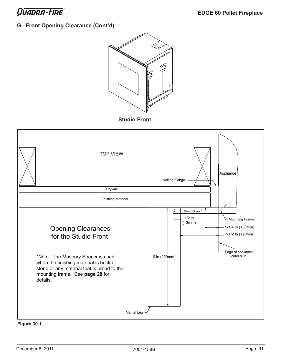 Opening clearances for the studio front, Edge 60 pellet fireplace, G. front opening clearance (cont’d) studio front | Quadra-Fire EDGE 60 ZERO CLEARANCE PELLET FIREPLACE 7051-158B User Manual | Page 31 / 58