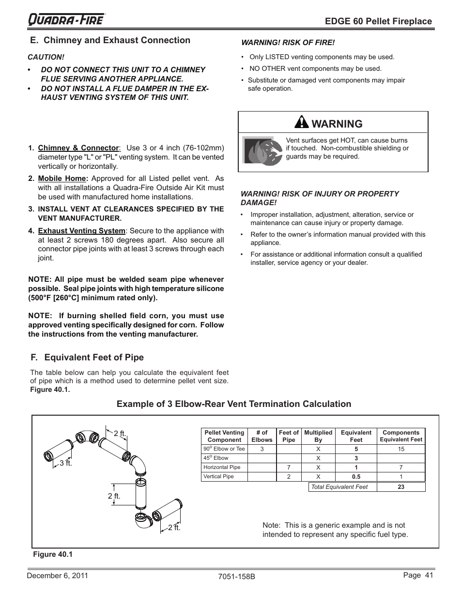 Warning, F. equivalent feet of pipe | Quadra-Fire EDGE 60 ZERO CLEARANCE PELLET FIREPLACE 7051-158B User Manual | Page 41 / 58