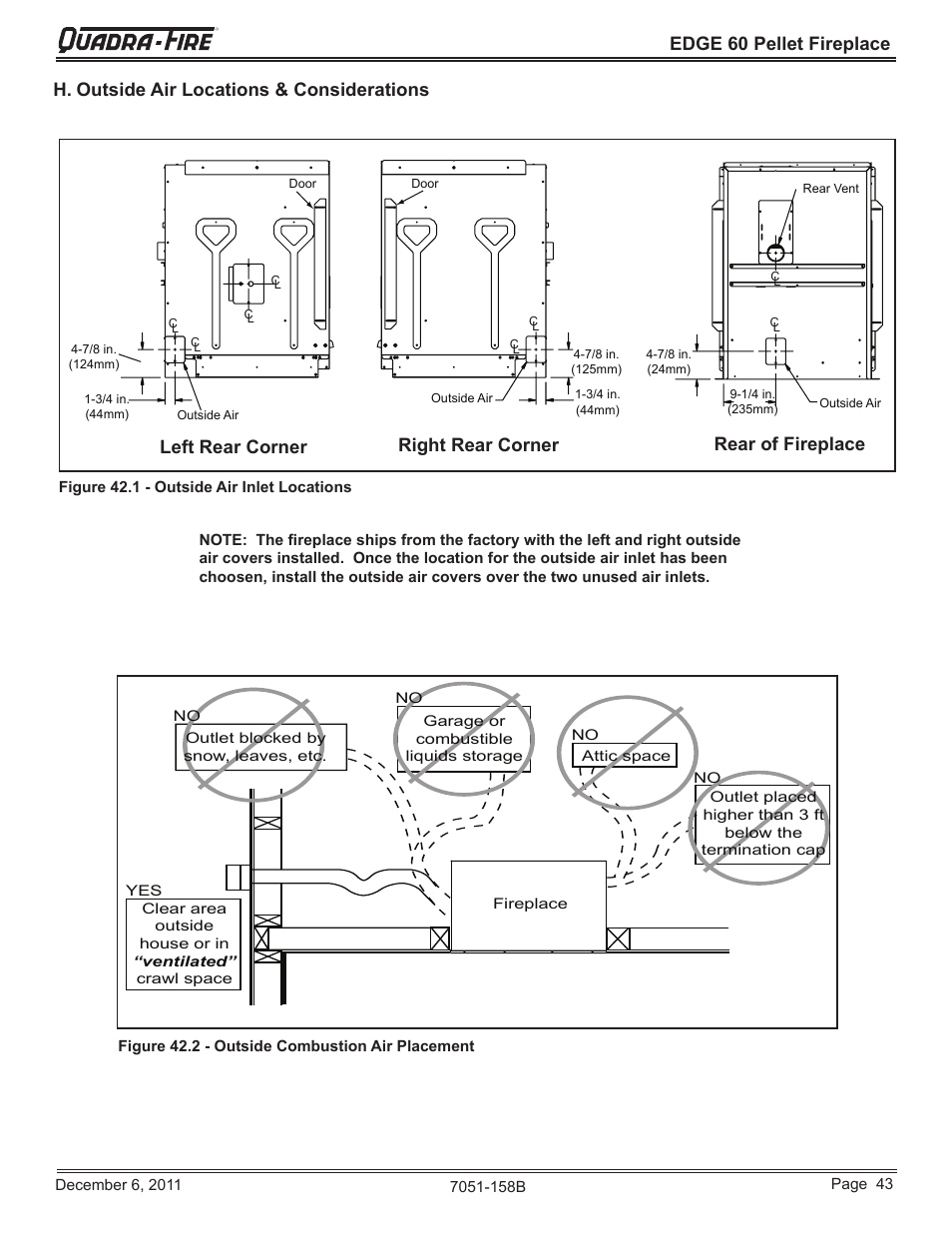 Edge 60 pellet fireplace, H. outside air locations & considerations | Quadra-Fire EDGE 60 ZERO CLEARANCE PELLET FIREPLACE 7051-158B User Manual | Page 43 / 58